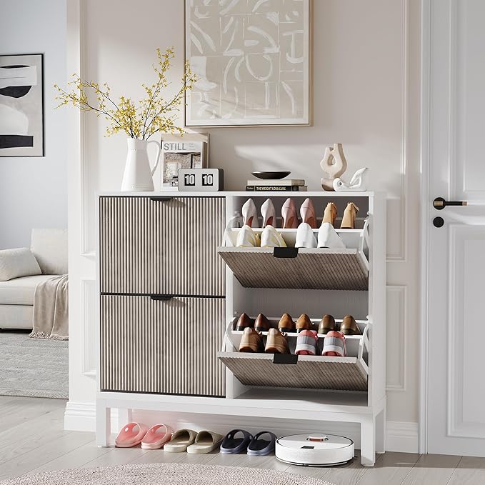 GarveeHome Fluted Shoe Storage Cabinet with 4 Flip Drawers, Narrow Wooden Shoe Organizer with Metal Legs, Modern Farmhouse Hidden Shoe Rack for Entryway, Hallway, White+Gray