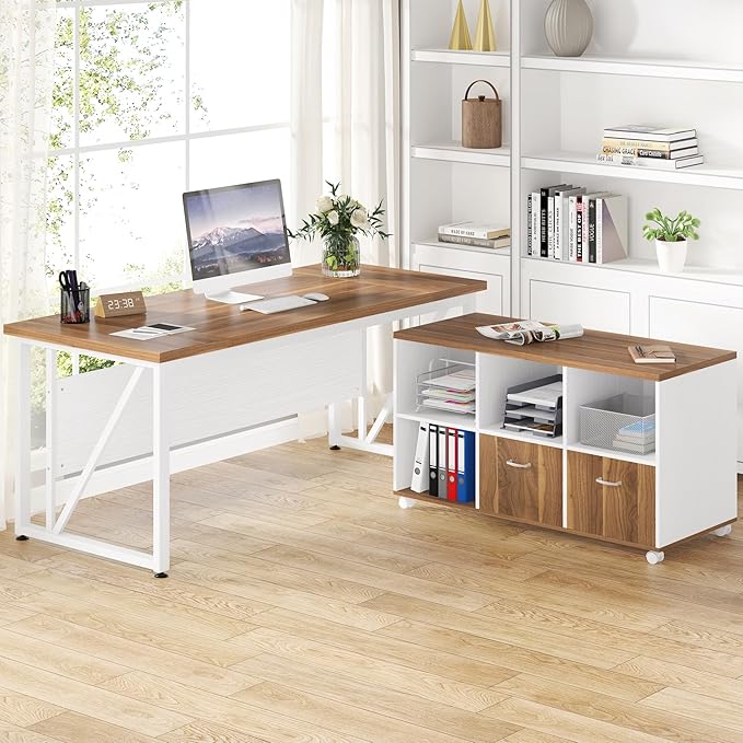 Tribesigns 63-Inch Executive Computer Desk with 47-Inch Lateral File Cabinet, Large Workstation Business Furniture, L Shaped Desk with Drawers and Storage Shelves for Home Office, Walnut & White