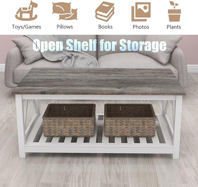 Farmhouse Coffee Table, White Oak Coffee Table for Living Room, 2-Tier Rectangular Wooden Centre Cocktail Table with Slats Shelf Storage and V-Shaped Frame Modern Coffee Oak Grey