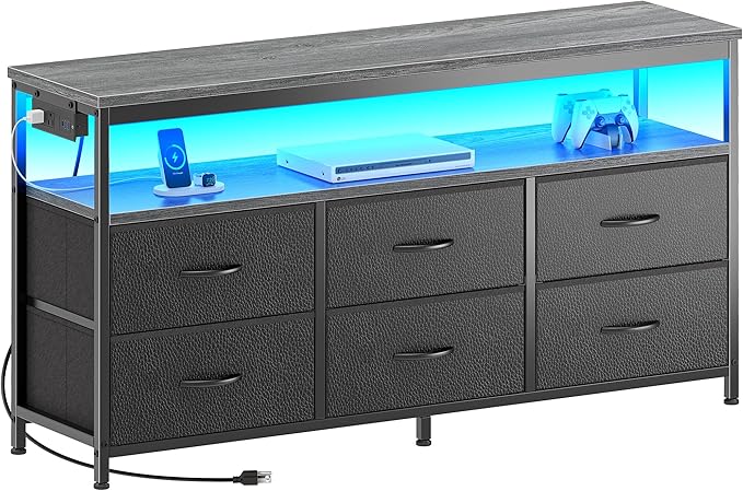 Huuger LED TV Stand for Bedroom, 47 Inch Dresser TV Stand for 43, 50, 55 Inch TV, Grey Black TV Stand with Storage, Entertainment Center with Power Outlets, 6 Drawer Fabric Dresser for Living Room