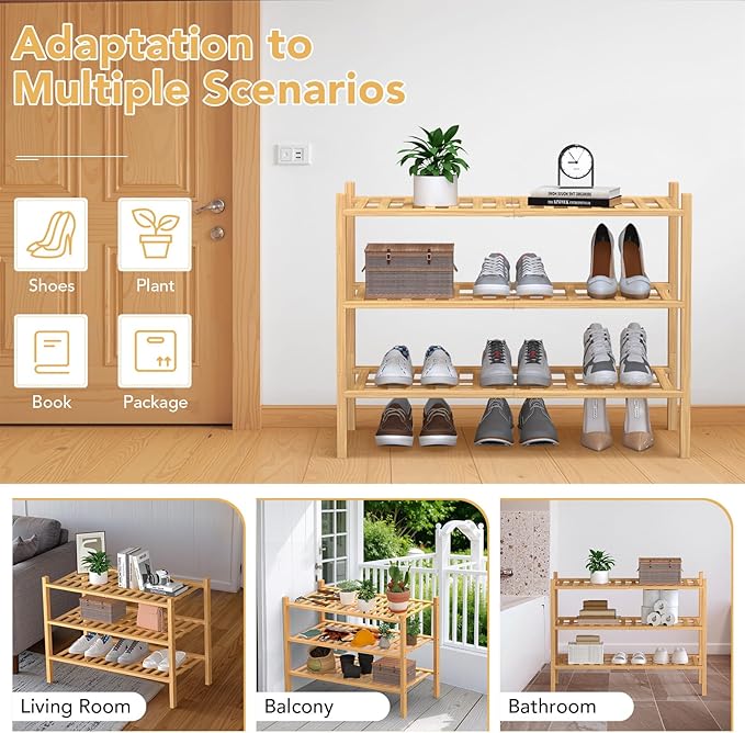 Haddockway Large 3 Tier Bamboo Shoe Rack Storage Organizer,Multifunctional Free Standing Stackable Shoe Shelf with Grid Panel for Closet,Hallway,Entryway,Small Space 27"x12"x21"(Natural, 3-Tier Large)