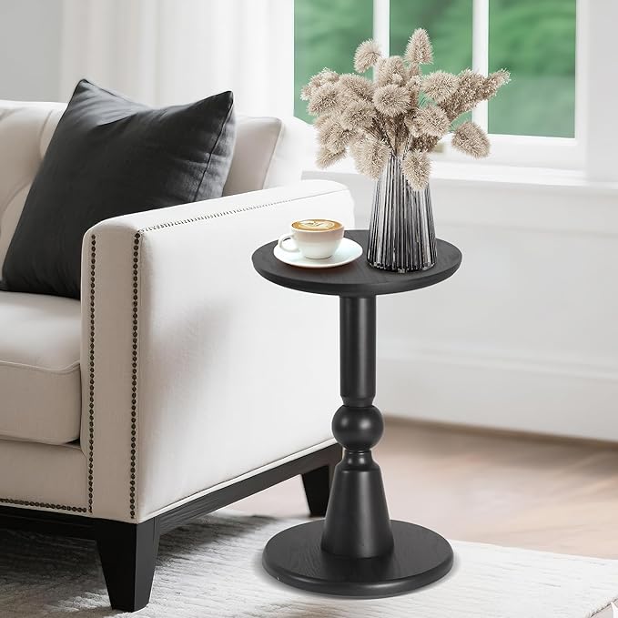 Round Side Table, 11.6 Inch Modern Accent End Table with Pedestal Base, Natural Wood (Black)