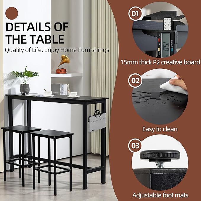 Finnhomy 52.7" Industrial Bar Table Set with 2 Stools - Counter Height Dining & Pub Table for Small Spaces, Kitchen, Apartment, Breakfast Nook - Metal & Wood, Space-Saving Furniture - Rustic Black