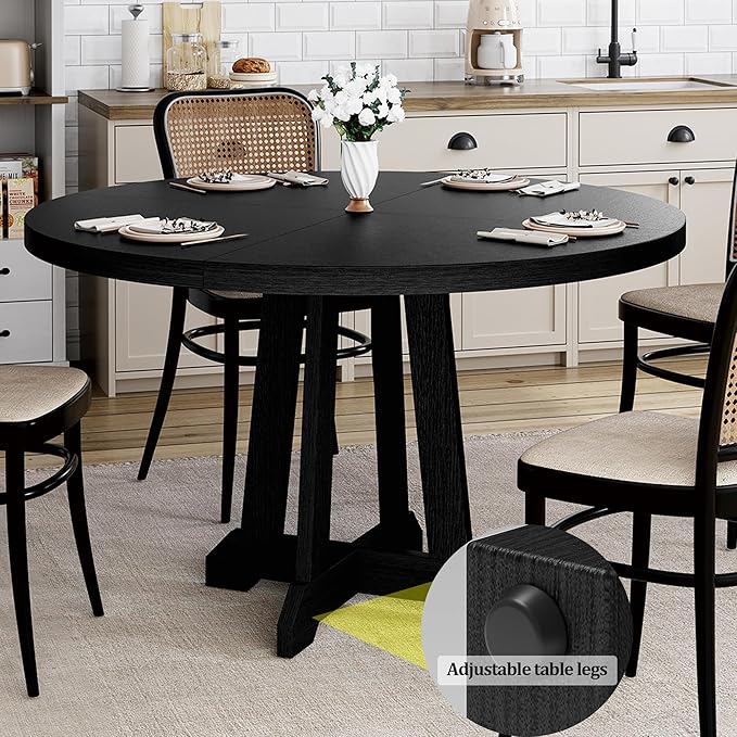 Round Dining Table for 4, 47 Inch Wooden Circle Dinner Table with Sturty Legs, 4 Parts of Tabletop, Round Pedestal Kitchen Tables for Dining Room, Kitchen, Living Room, Brown