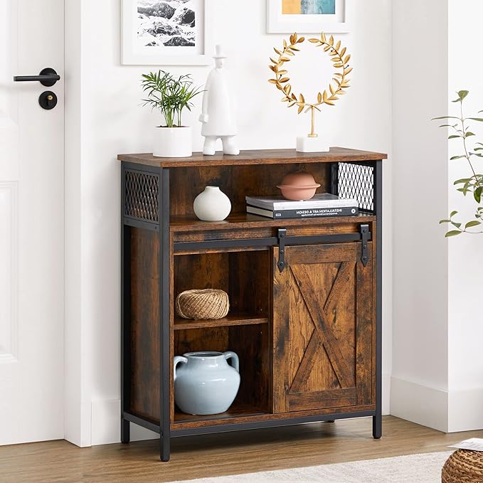 VASAGLE Buffet Cabinet, Coffee Bar Storage Cabinet, Sideboard with 1 Sliding Barn Door, Adjustable Shelves, 11.8 x 27.6 x 31.5 Inches, for Living Room, Rustic Brown and Ink Black ULSC089B01