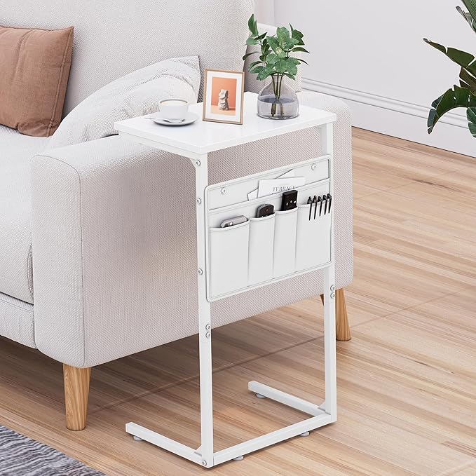 Vagusicc C Shaped End Table, 28'' Tall Side Table for Couch Recliner, Small Couch Side Table, Tall Couch Desk Slide Under Sofa Table TV Tray Arm Tables with Metal Frame for Living Room, Bedroom, White