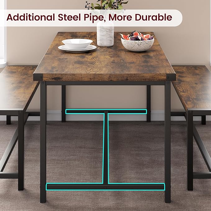 Dining Table Set for 4 with 2 Benches, 3-Piece Kitchen Table Set, Space-Saving Dining Set for Kitchen, Dining Room, Brown
