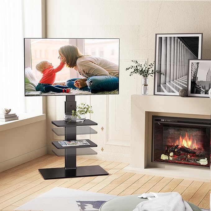FITUEYES Swivel Floor TV Stand with Mount for TVs 37 43 50 55 60 65 70 75 Inch LCD LED Flat/Curved Screens Universal Swivel Televisions TV Mount Stand for Bedroom Living Room Black Tempered Glass Base