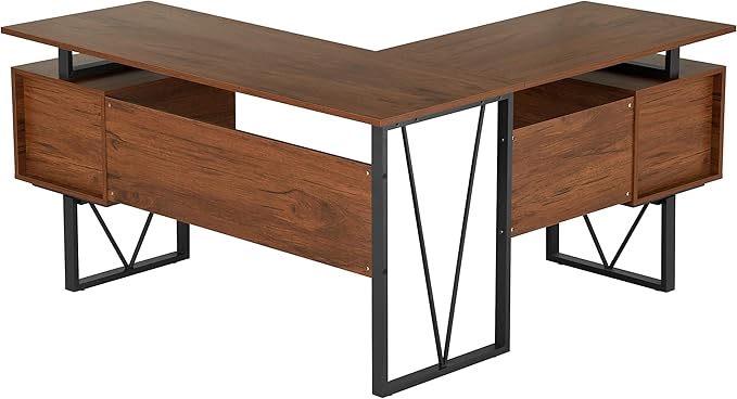 Techni Mobili Reversible L Shaped Desk with File Cabinet and Drawers 59” W – Modern Versatile L Shaped Office Desk with Drawers and File Cabinet - Brown