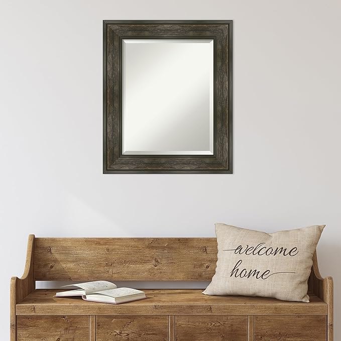 Amanti Art Brown Wall Mirror 26x22 Rail Rustic Char Rectangle Bathroom Mirror for Wall Decor Living Room, Small Country Rustic Frame, Hangs Horizonally and Vertically, Bathroom Decor, Beveled Edge