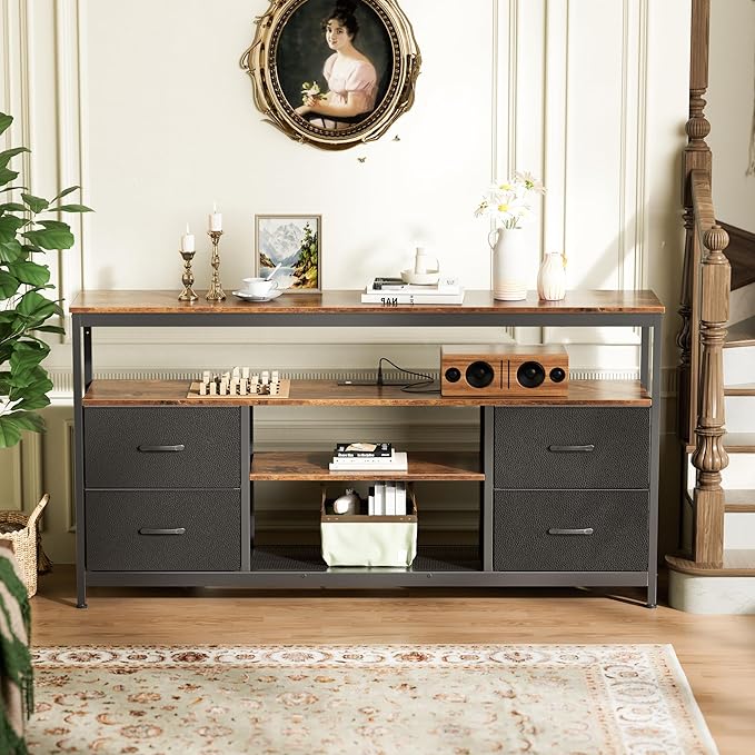 Huuger TV Stand Dresser with Power Outlets and LED Lights, 4 Drawers Entertainment Center with Shelves, 54 Inch Media Console for 55 60 Inch TV, PU Finish, Rustic Brown and Black
