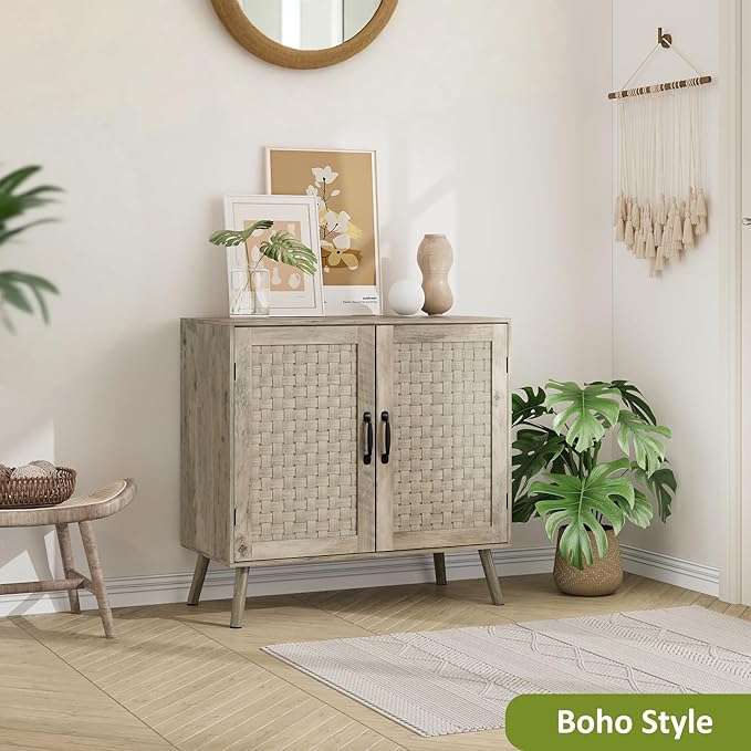 Farmhouse Sideboard Cabinet, Buffet Storage Cabinet with Handmade PVC Rattan Decor Doors & Adjustable Shelf, Wood Accent Table Coffee Station for Kitchen, Living Room, Entryway, Grey Oak