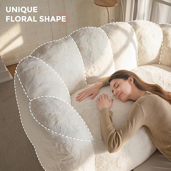 MAXYOYO Bean Bag Chair for Adults, Loveseat Floral Shaped Bean Bag Sofa, Ultra Soft Love Seat Mini Sofa Couch, Faux Fur Reading Chair for Living Room Bedroom, Beige