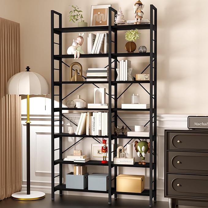 7-Tier Corner Bookshelf, Reversible Wooden Shelves, Industrial Bookcase with Open Shelves and Sturdy Metal Frame, Display Shelf Storage Rack for Living Room, Bedroom, Home Office (Black)