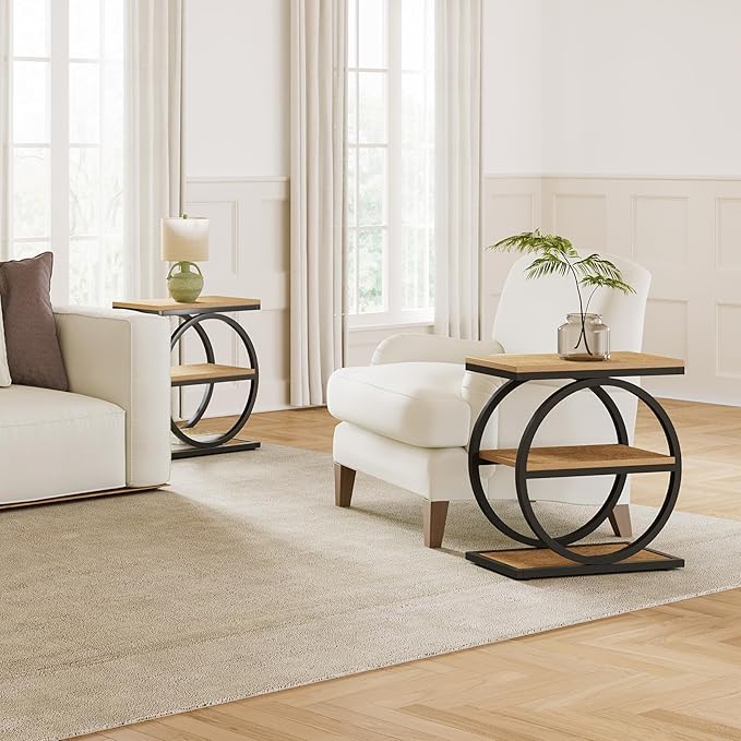 LITTLE TREE End Table Set 2, Side Table with 3-Tier Storage Shelves, Small Sofa Side Table for Living Room, Wooden Side End Table with Double Round Metal Legs, Slim Nightstand and Bedside Table, Oak