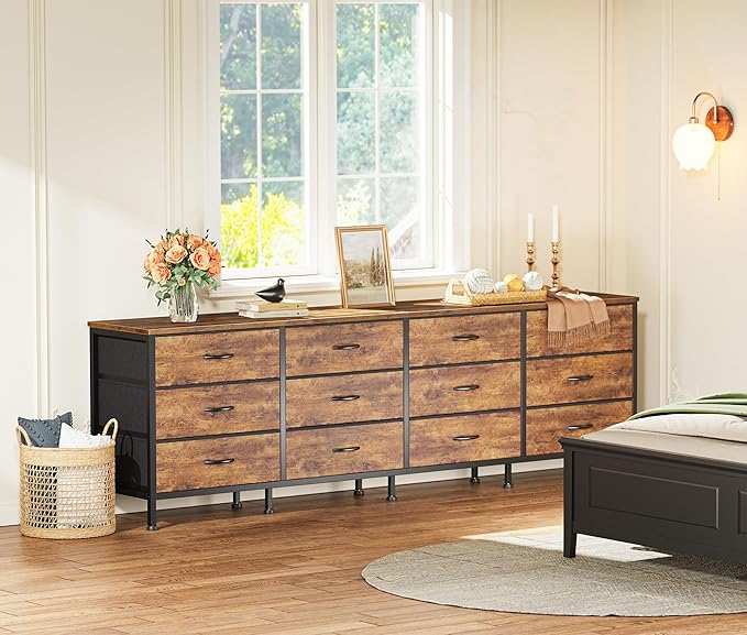 Huuger 70 Inch Dresser for Bedroom, TV Stand for 65, 75, 80 Inch TV, 12 Fabric Drawer Long Dresser, Large Entertainment Center for Bedroom, Wide Chest of Drawer with Storage, Rustic Brown