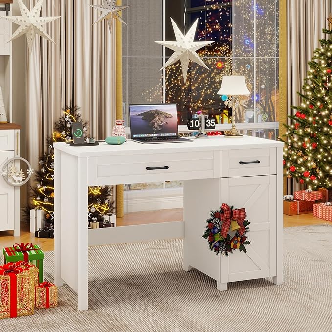 Farmhouse 47" Executive Desk, Computer Desk with Drawers and Storage Cabinet, Workstation Computer Desk for Home Office, Study.(Cream White)