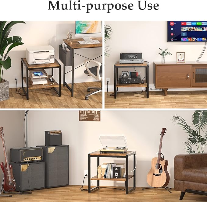Homieasy End Table with Charging Station, 20 Inch Mini Fridge Stand with 2-Tier Open Shelf, Square Bedside Nightstand & Sofa Side Table for Small Spaces, Rustic Brown - 2 Pack
