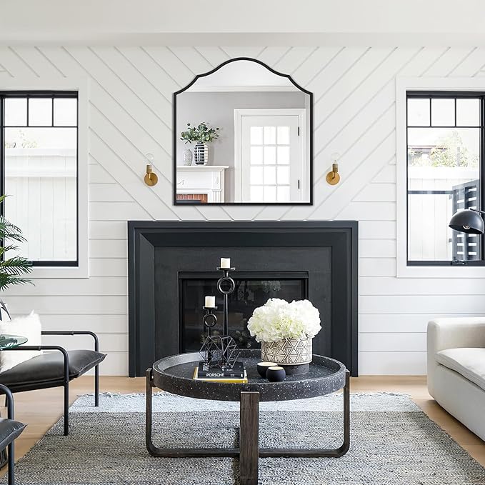 32"x30" Vanity Mirror for Wall, with Black Arched Decorative Metal Frame, Scalloped Entryway Mirror for Bedroom, Bathroom, Living Room