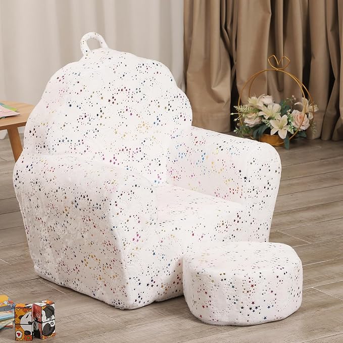 Kids Sofa with Ottoman, Shell-Like Sofa for Boys and Girls, White with Shinny
