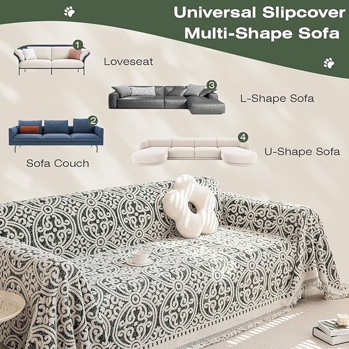 STACYPIK Green Jacquard Sofa Cover - Anti-Scratch Chenille Furniture Protector for 3 Cushion Couch - French Floral Dog Pet Cushion Protector - Futon Cover 71x150IN