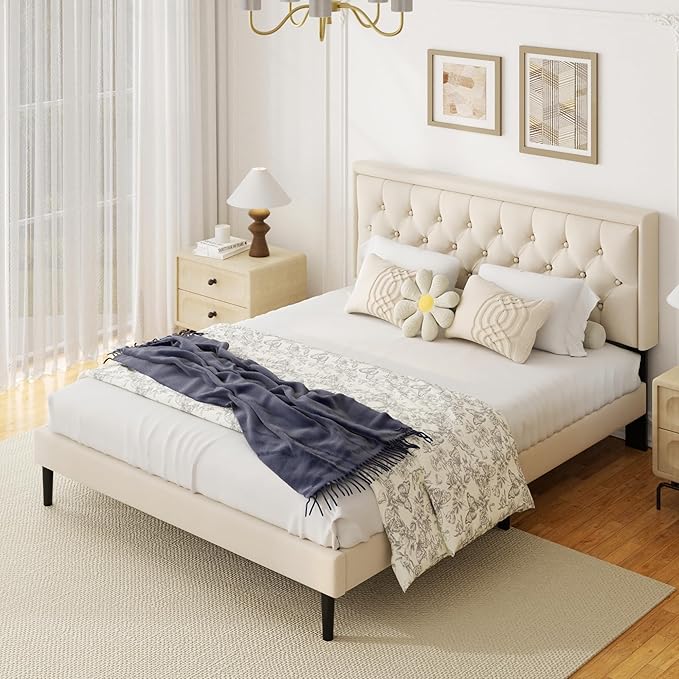 King Size Platform Bed Frame with Upholstered Velvet Button Tufted Headboard, Mattress Foundation with Wooden Slat Support, No Box Spring Needed, Easy Assembly, Noise Free, Beige