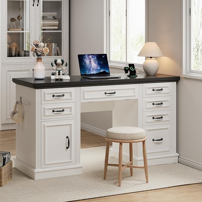 Farmhouse 57" Lift Desktop Executive Desk with 6 Drawers and Charging Station, Wood Home Office Computer Desk with File Cabinet Storage, Keyboard Tray,Headphone hook for Work,Study, Antique White