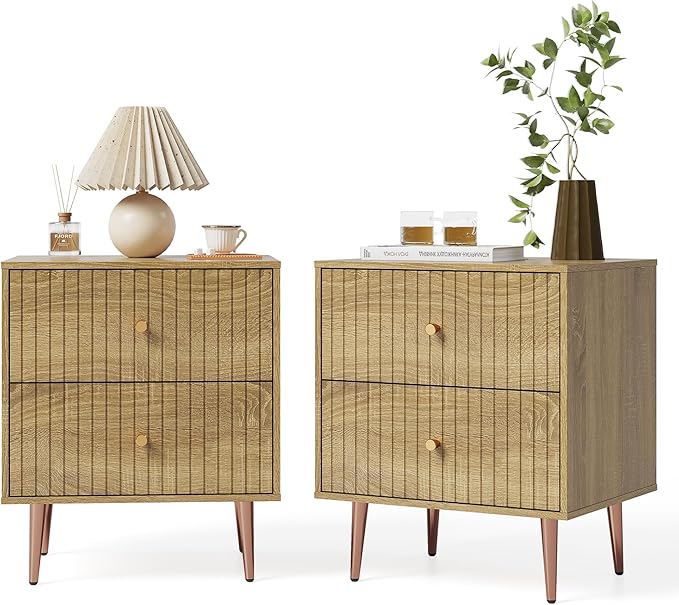 Wood Night Stand Set 2,Modern Bedside Table with Door and Open Storage Space,Fluted Nightstand and Wood End Side Table with Rose Gold Metal Legs and Handles for Bedroom,Living Room,Natural
