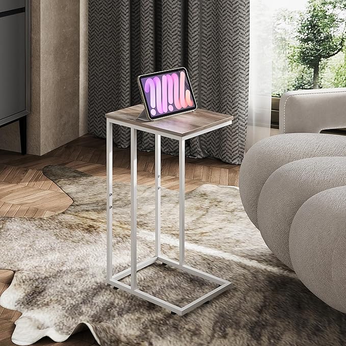 WLIVE Side Table, C Shaped End Table for Couch, Sofa and Bed, Large Desktop C Table for Living Room, Bedroom, Creamy Greige
