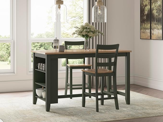 Signature Design by Ashley Gesthaven Modern Counter Height Dining Table with 3 Shelves and Trestle Base, Light Brown & Green