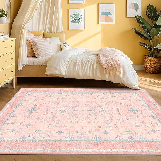 Pink and Blue Washable 5x8 Living Room Rugs, Boho Aethestic Oushak Vintage Area Rug for Bedroom Girls Kids Playroom Nursery Room, Non-Slip Rubber Backing Stain Resistant