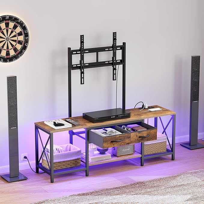 TV Stand with Mount, Power Outlet and LED Light, Entertainment Center, Adjustable TV Stand, for 32-70 inch TVs, 2-Tier Storage, for Living Room, Bedroom, Rustic Brown and Black TDS12UDBF