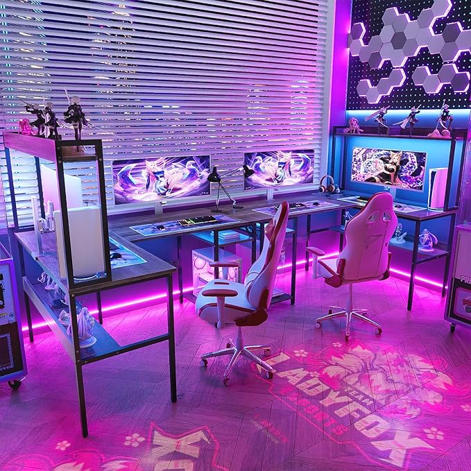 L Shaped Computer Desk with Hutch and Storage Shelves, Gaming Desk with LED Lights, Reversible L-Shaped Desk with Power Outlets, Home Office Desk, Corner Desk, Black Oak