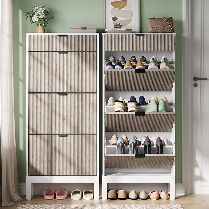 GarveeHome Shoe Cabinet with 3 Flip Doors & 1 Drawer, Entrance Wooden Shoe Rack with Iron Legs, Slim Shoe Storage Cabinet, Modern Fluted Shoe Organizer for Entryway Hallway, White+Grey