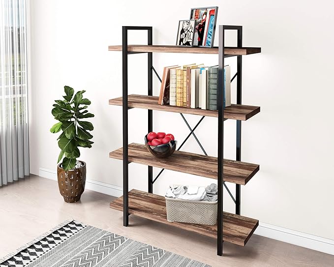45MinST 4-Tier Vintage Industrial Style Bookcase/Metal and Wood Bookshelf Furniture for Collection,Vintage Brown, 3/4/5 Tier (4-Tier)