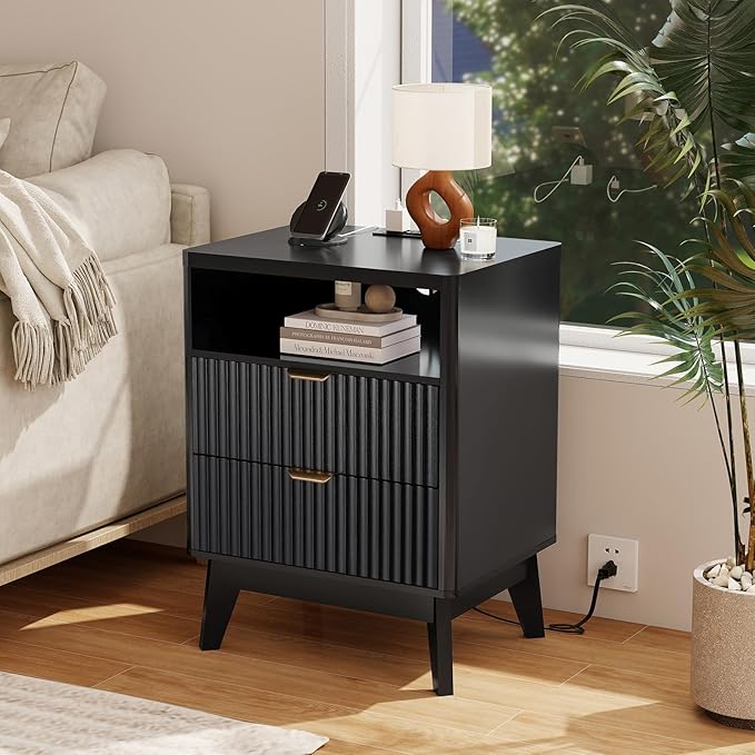 Fluted Nightstand with Charging Station, 19.7 inch Wide End Table with 2 Drawers, Modern Wood Bedside Table for Bedroom, Black