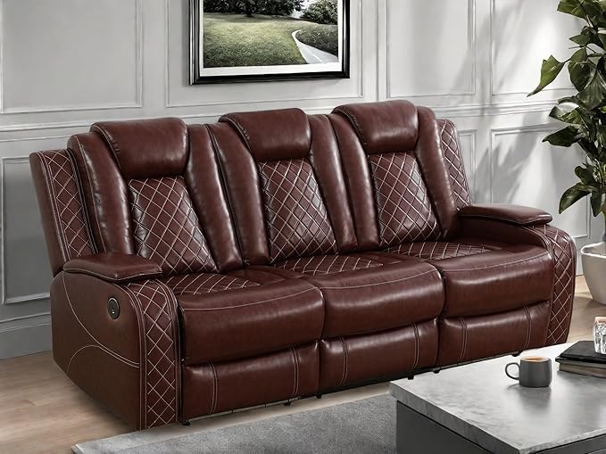 Leather Recliner Sofa Couch, 3-Seater Home Theater Seating Reclining Sofa, Power Reclining Couch with Cup Holders & Drop Down Table for Living Room Furniture Sets, Red