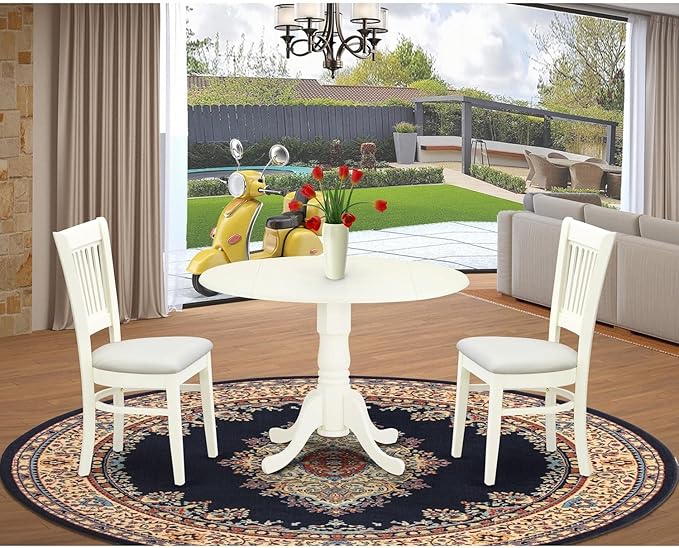 East West Furniture DLVA3-LWH-C 3 Piece Modern Dining Table Set Contains a Round Wooden Table with Dropleaf and 2 Linen Fabric Upholstered Dining Chairs, 42x42 Inch, Linen White