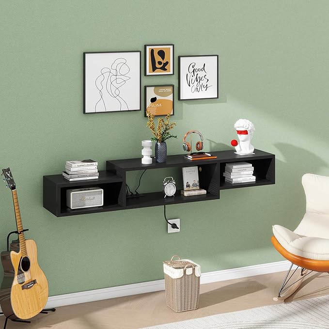 IBUYKE 59" Floating TV Stand Wall Mounted with Power Outlet,Wood Wall Mounted Media Console Shelf,Floating Entertainment Center for Under TV Storage for Living Room Bedroom Office,Black WST007B