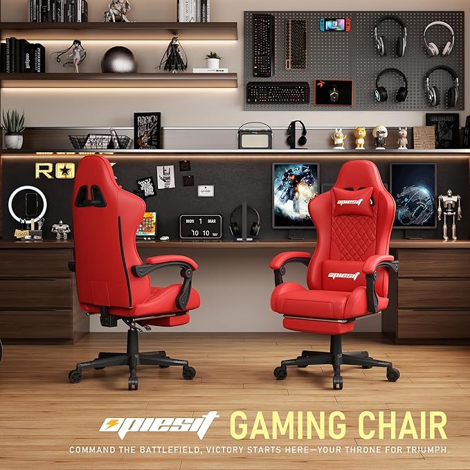 Gaming Chair Office Chair with Footrest, Height Adjustable, Ergonomic Computer Chairs with Pocket Spring Cushion, PU Leather,Video Game Chair 360° Swive,(PU-Red)