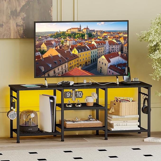 YGEOMER Black TV Stand Entertainment Center for 55 Inch TVs, with Charging Station and Lights Open Storage Shelves, TV Media Console, Open Storage Shelf with Sound Rack for Living Room, Bedroom