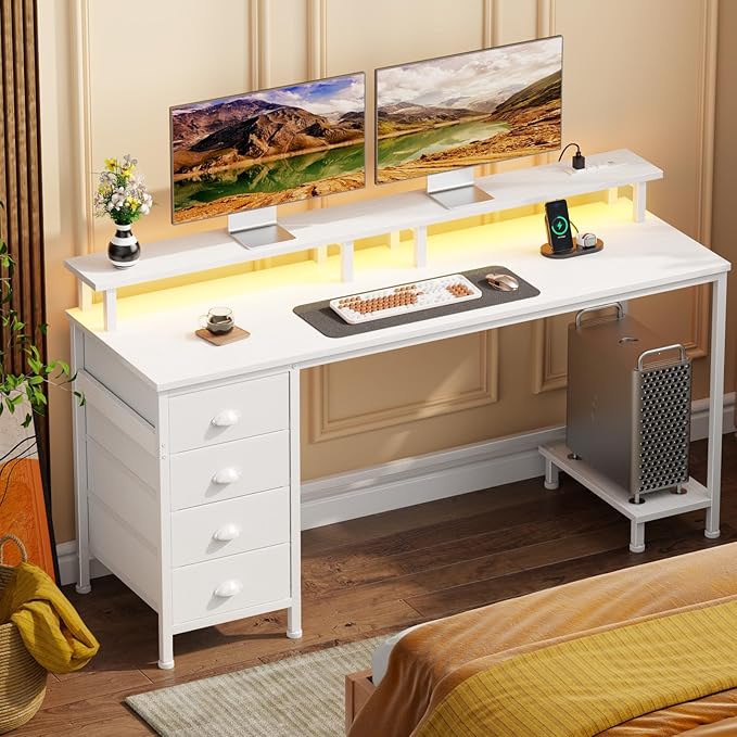 Furologee 55" White Computer Desk with 4 Fabric Drawers & Monitor Stand, Gaming Desk with Power Outlets - LED Lights, Home Office Space-Saving Study Table for Bedroom Small Spaces