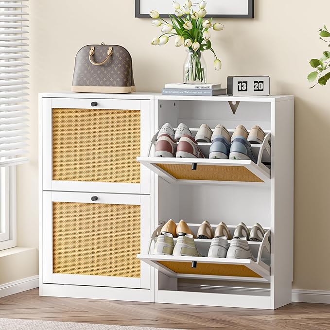 Shoe Storage Cabinet for Entryway with 2 Flip Drawers, Narrow Wood Shoe Cabinet with Rattan Panel, Freestanding Hidden Shoe Organizer for Foyer, Hallway, Small Space (White)