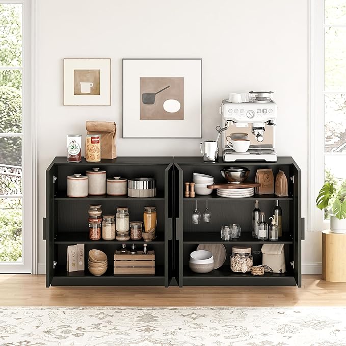 Buffet Cabinet, 4-Doors Sideboard Cabinet with Rattan Panels, Buffet Console Accent Table for Hallway Entryway Dining Room, 62", Black