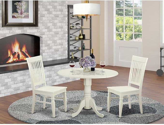 East West Furniture DLWE3-WHI-W 3 Piece Dinette Set for Small Spaces Contains a Round Dining Table with Dropleaf and 2 Dining Room Chairs, 42x42 Inch, Linen White