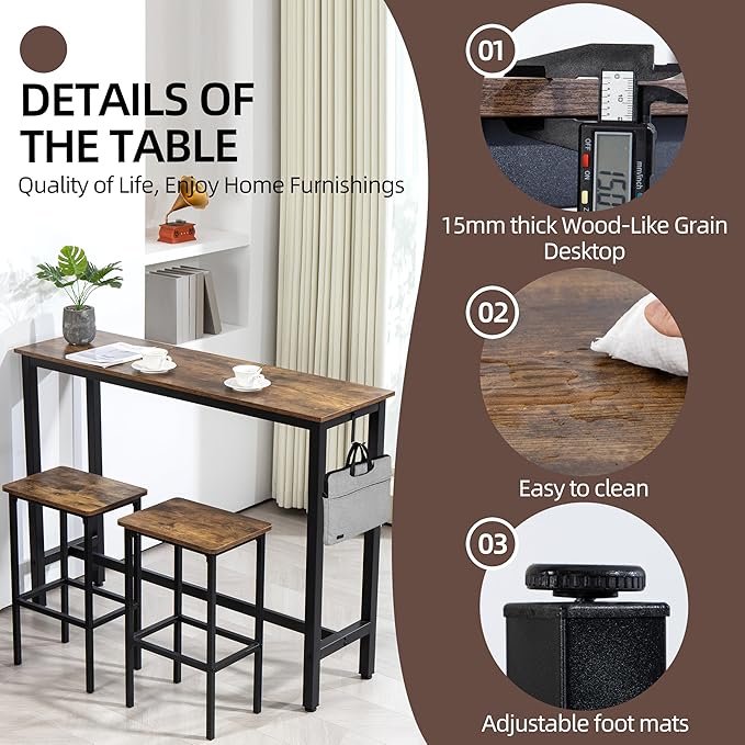 Finnhomy 52.7" Industrial Bar Table Set with 2 Stools - Counter Height Dining & Pub Table for Small Spaces, Kitchen, Apartment, Breakfast Nook - Metal & Wood, Space-Saving Furniture - Rustic Brown