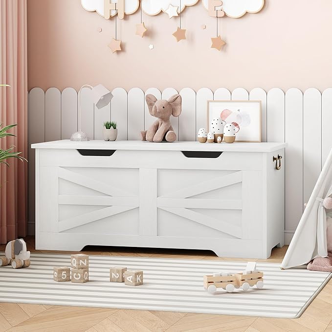 GarveeHome 39.4" Storage Chest, Toy Chest With Lids, Entryway Storage Bench with Safety Hinge, Wooden Storage Trunk, Supports 350 Lb, for Living Room, Bedroom,White