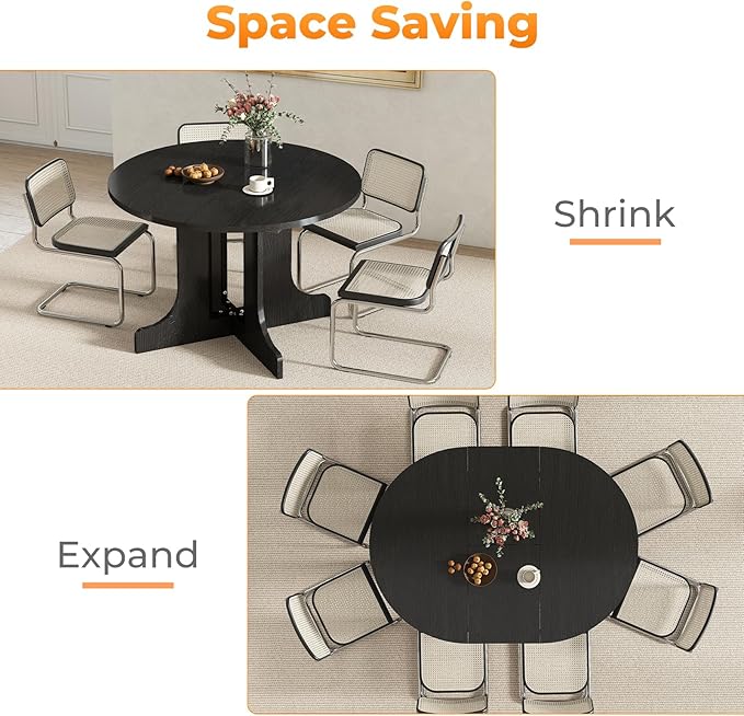 43"-59" Expandable Round Dining Table, Extendable Dining Room Table for 4-6, Oval Tabletop with Removable Leaf, Trestle X-Shaped Base & Metal Track for Dining Room, Living Room-Black