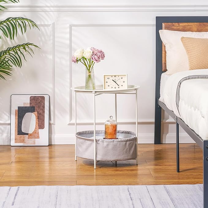 VECELO Round Side/End Table with Fabric Storage Basket,Metal Anti-Rust and Waterproof Small Bedside Nightstand with Removable Tray Top for Living Room,Balcony & Laundry,Beige/1pcs with Basket
