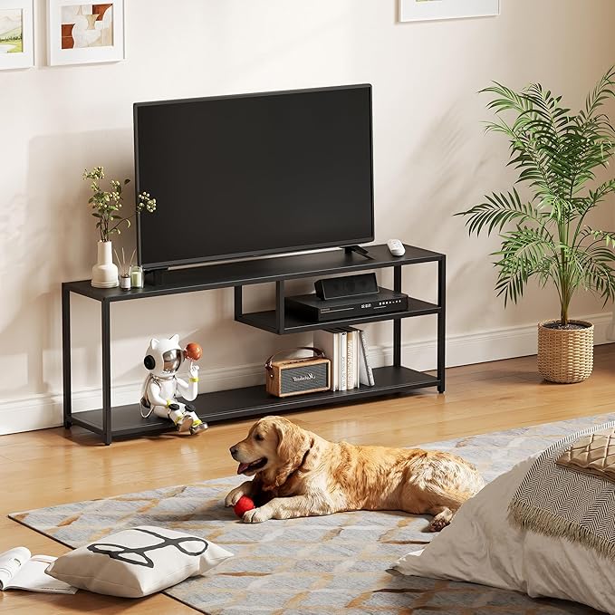 TECHMILLY Modern TV Stand for 65" TV, TV Table with Storage Shelves, Entertainment Center with Metal Frame, TV Console Table for Living Room, Bedroom, Black